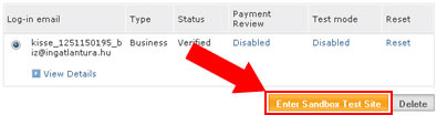 Enter Sandbox Test Site gomb